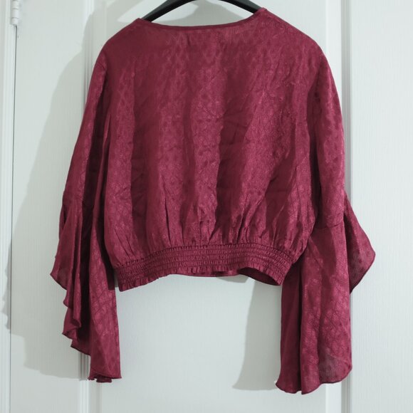 Band of Gypsies Burgundy Satin Wrap Blouse with Flutter Sleeves Size M - Picture 2 of 11